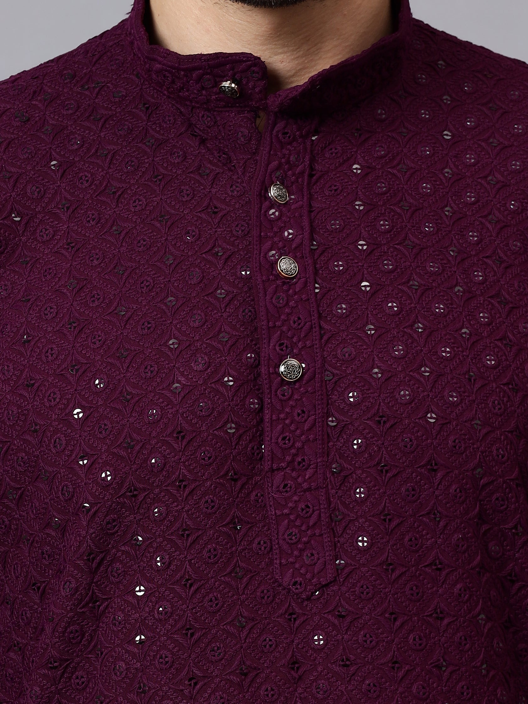 TerraDesi Regal Ruby Chikankari Sequined Triangle Embroidered Kurta Pajama Set