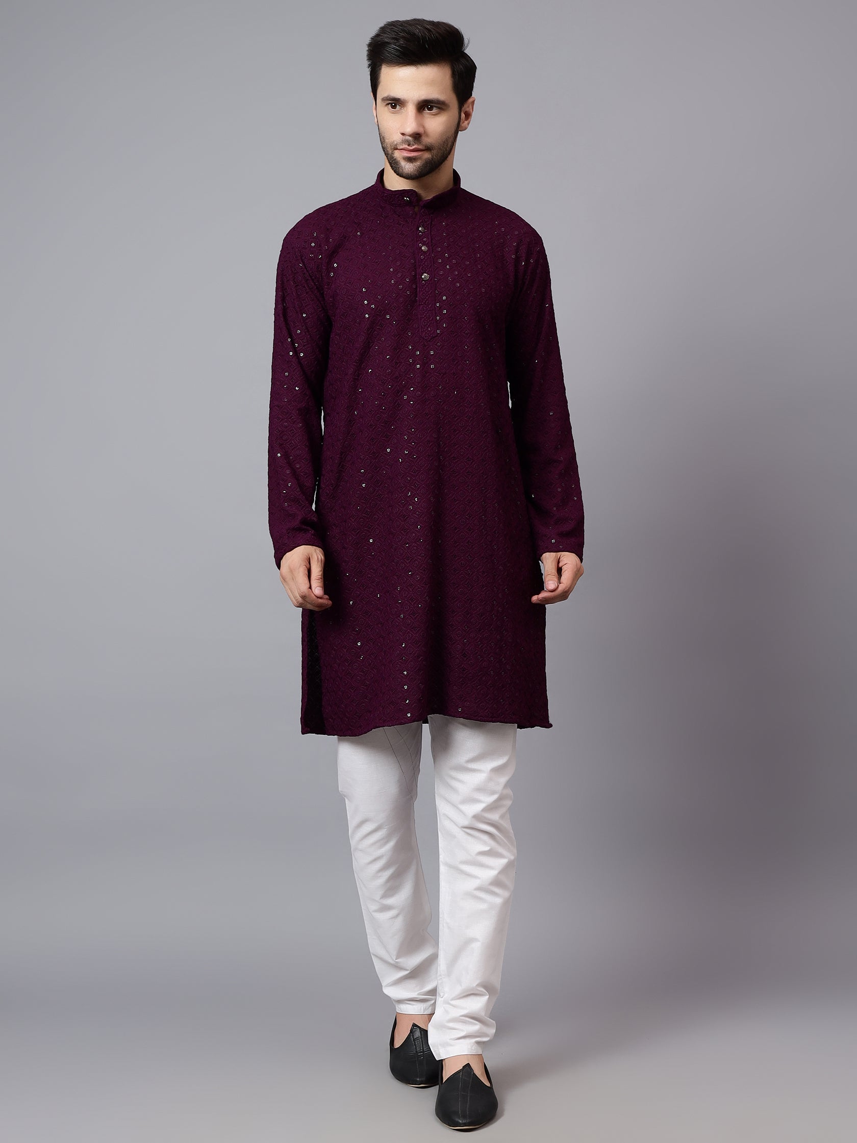 TerraDesi Regal Ruby Chikankari Sequined Triangle Embroidered Kurta Pajama Set