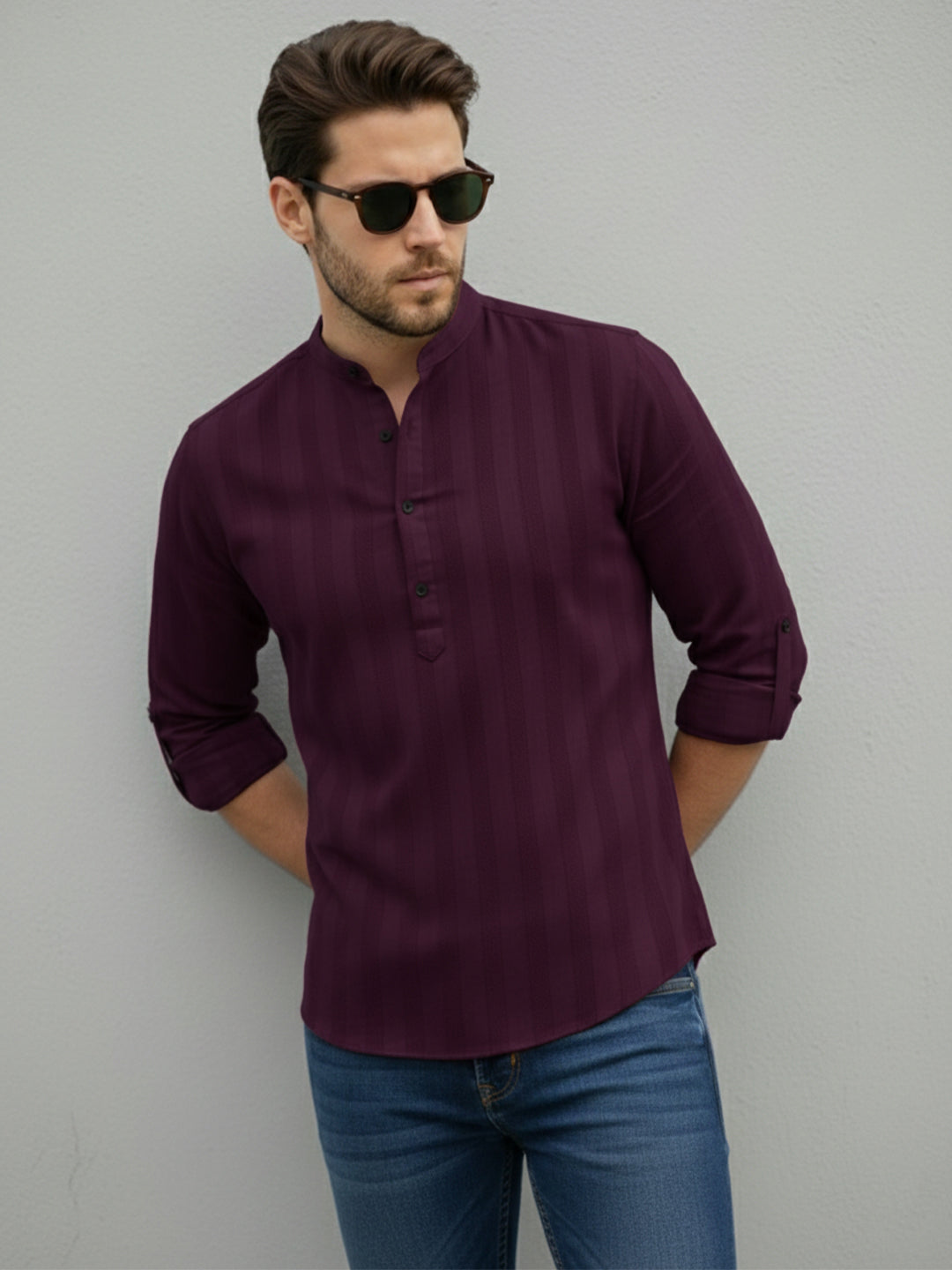 TerraDesi Magenta Vertical Stripe Cotton Short Kurta