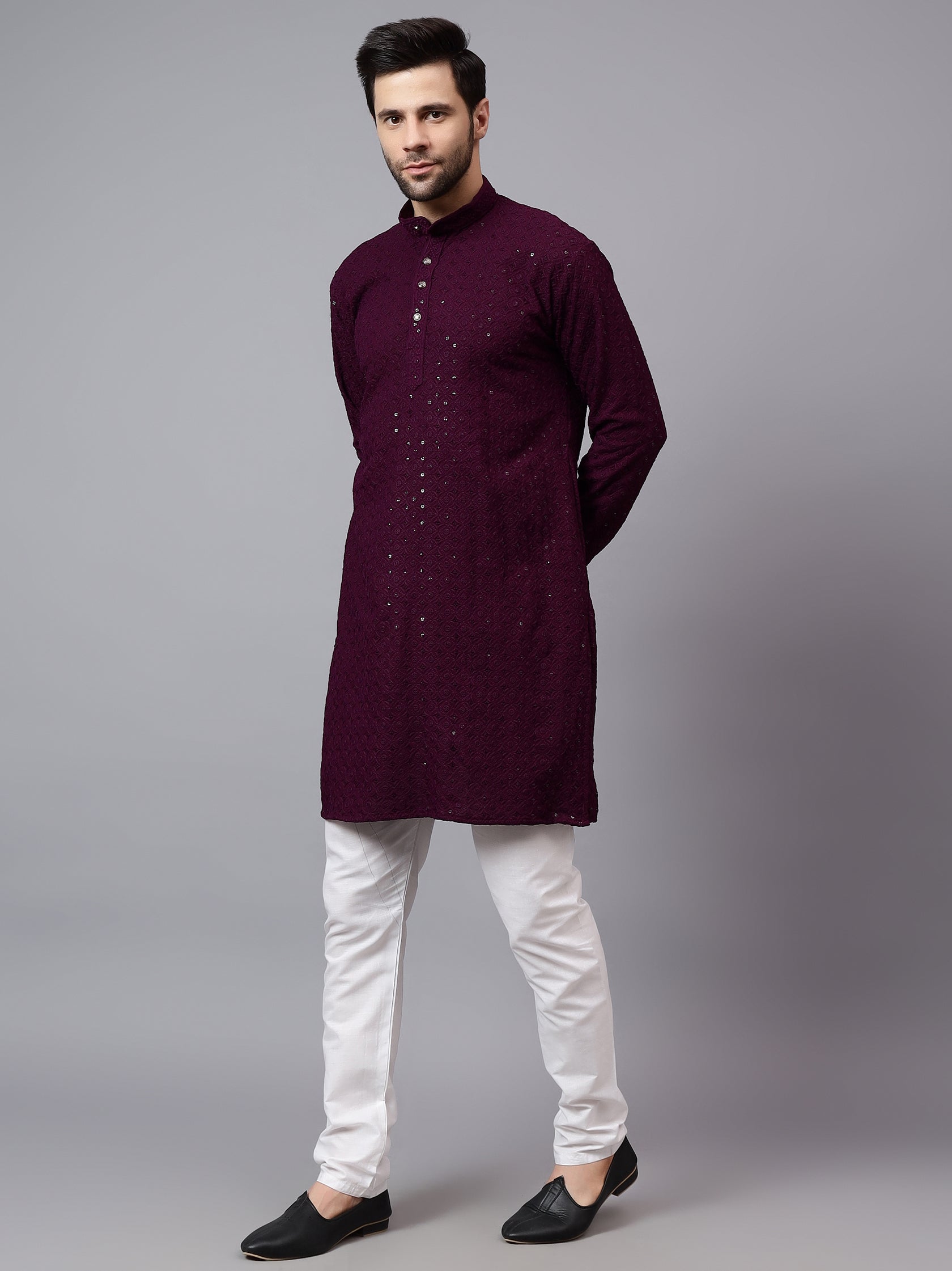 TerraDesi Regal Ruby Chikankari Sequined Triangle Embroidered Kurta Pajama Set