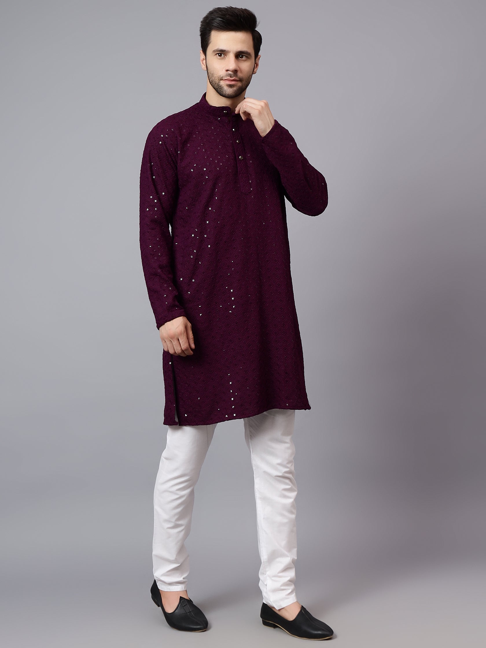 TerraDesi Regal Ruby Chikankari Sequined Triangle Embroidered Kurta Pajama Set