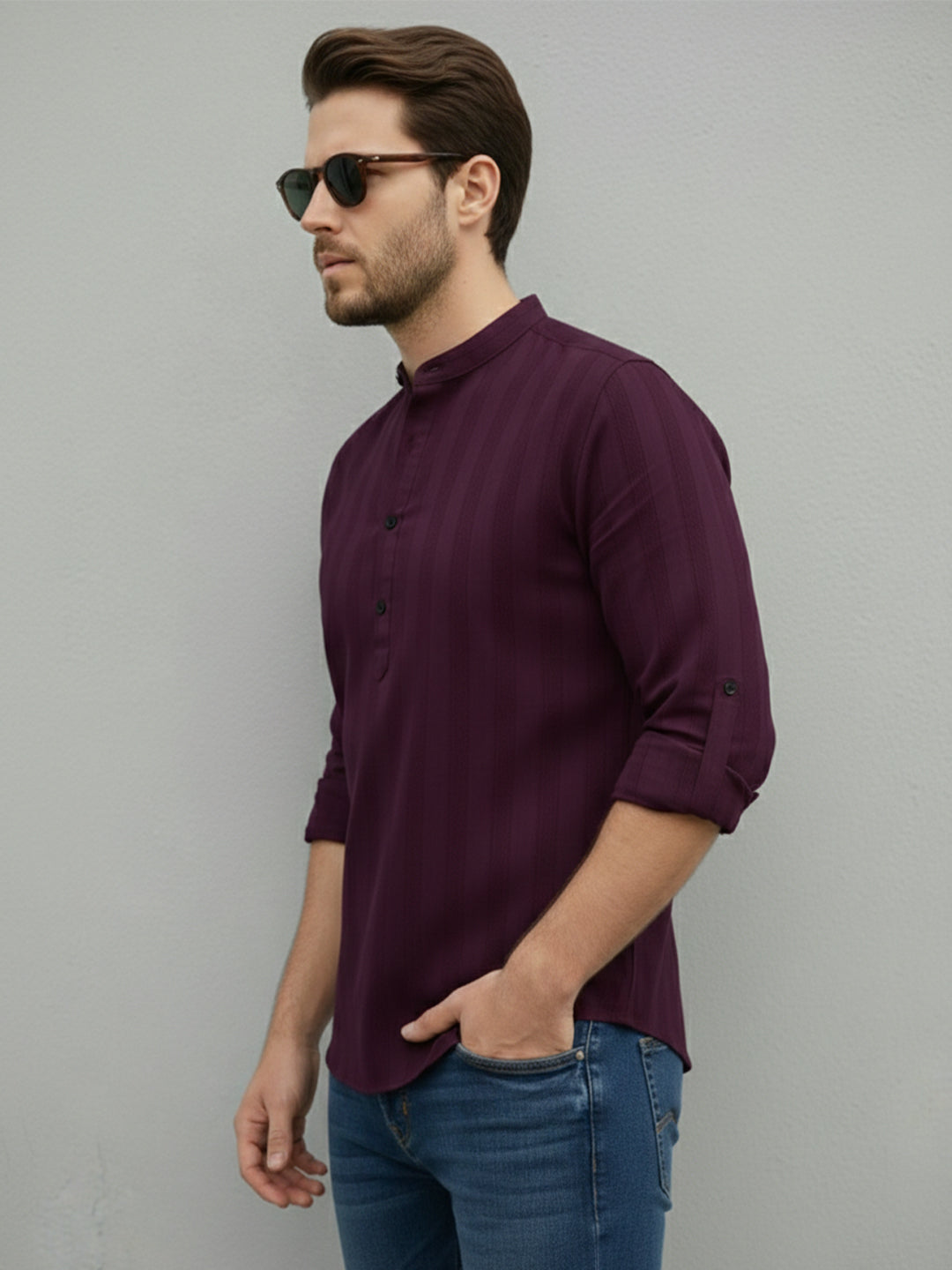 TerraDesi Magenta Vertical Stripe Cotton Short Kurta