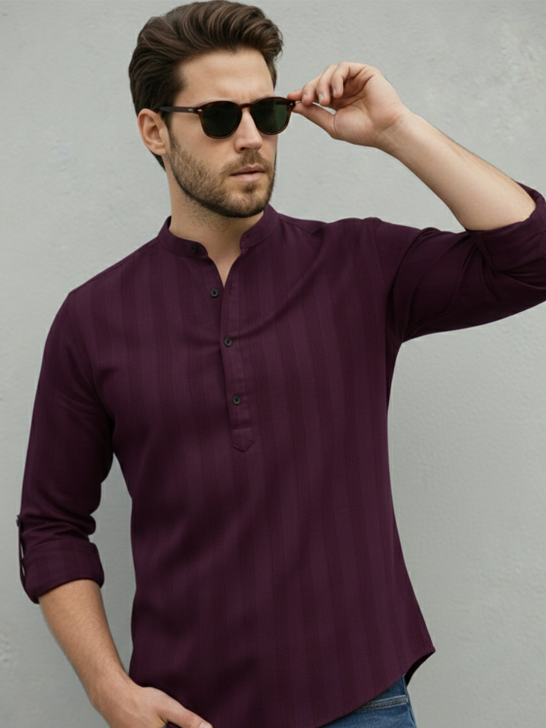 TerraDesi Magenta Vertical Stripe Cotton Short Kurta
