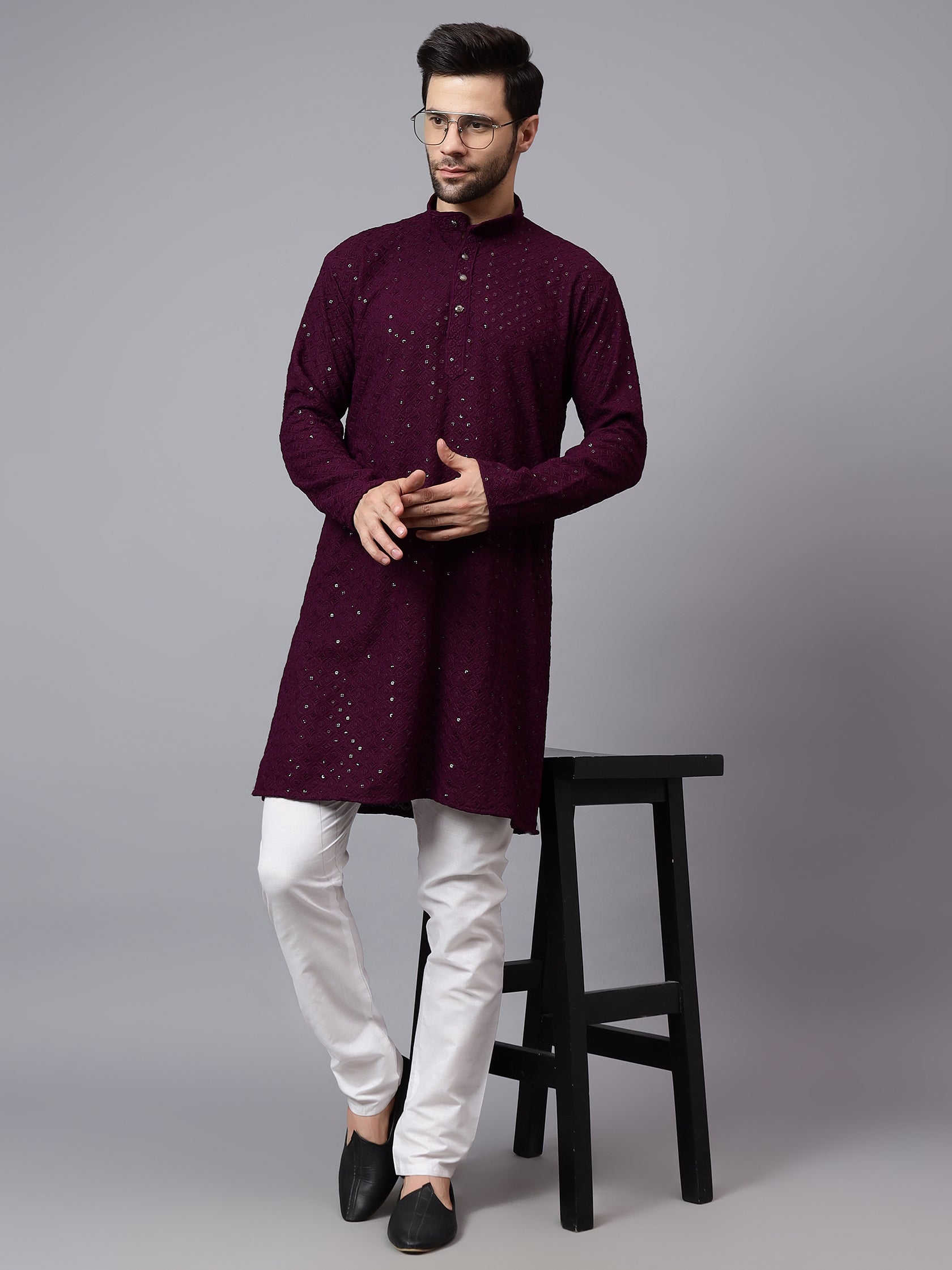 TerraDesi Regal Ruby Chikankari Sequined Triangle Embroidered Kurta Pajama Set