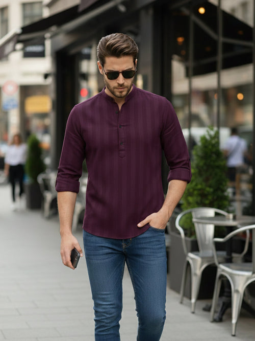 TerraDesi Magenta Vertical Stripe Cotton Short Kurta