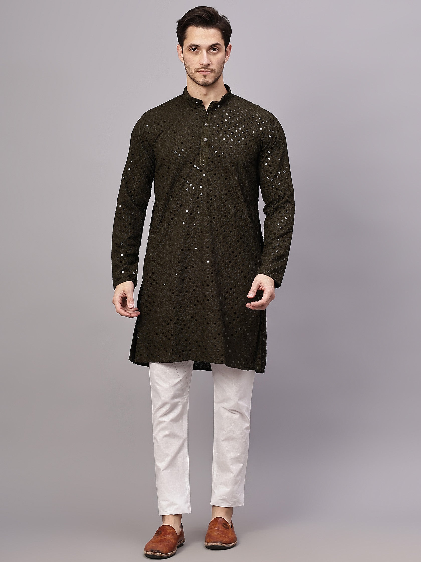 TerraDesi Golden Radiance Chikankari Sequined Kurta Pajama Set