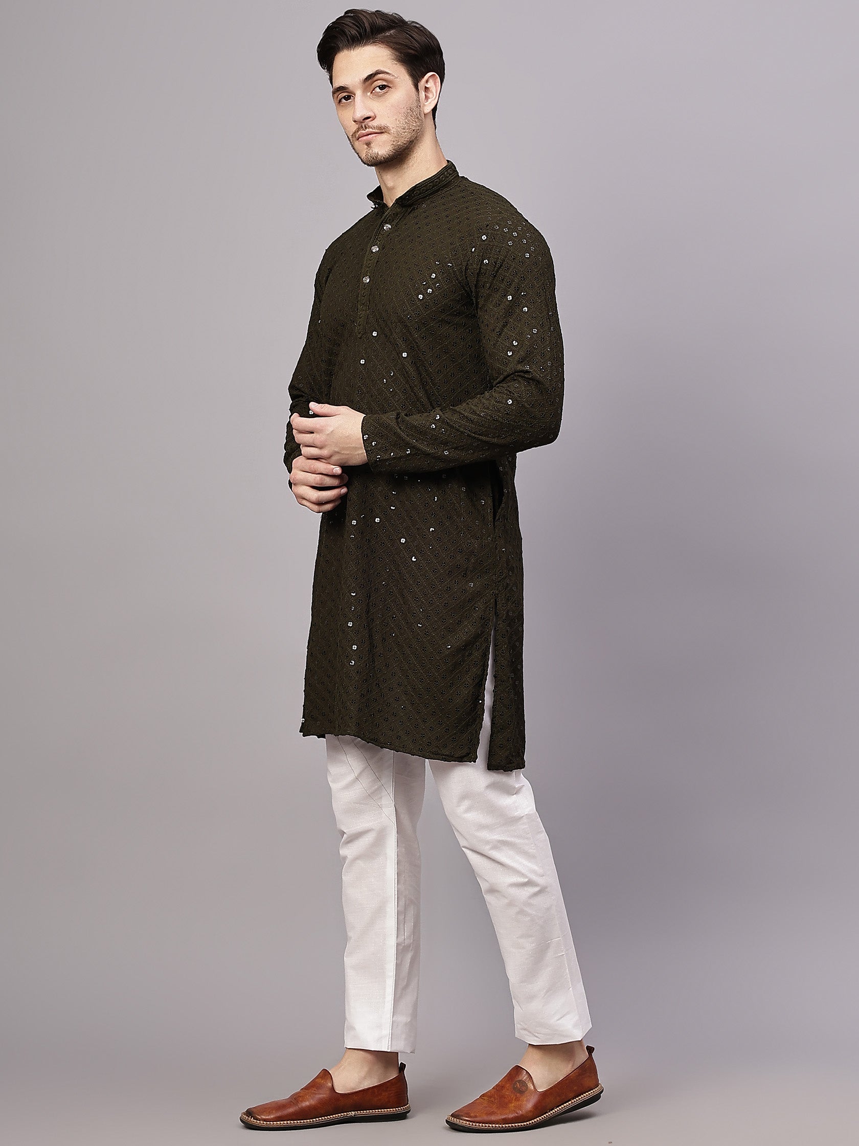 TerraDesi Golden Radiance Chikankari Sequined Kurta Pajama Set