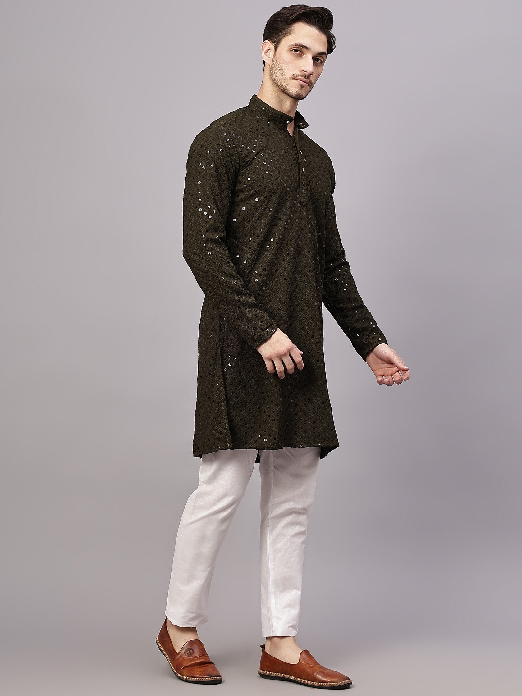 TerraDesi Golden Radiance Chikankari Sequined Kurta Pajama Set