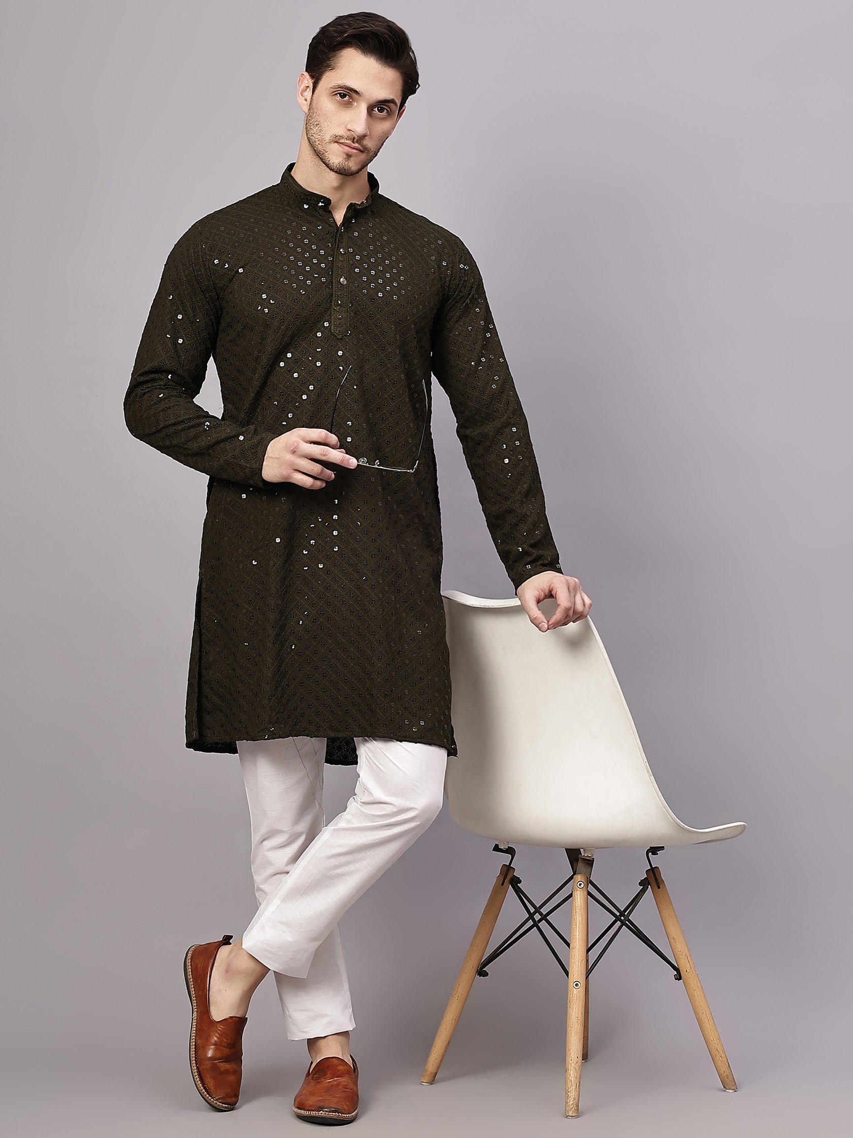 TerraDesi Golden Radiance Chikankari Sequined Kurta Pajama Set