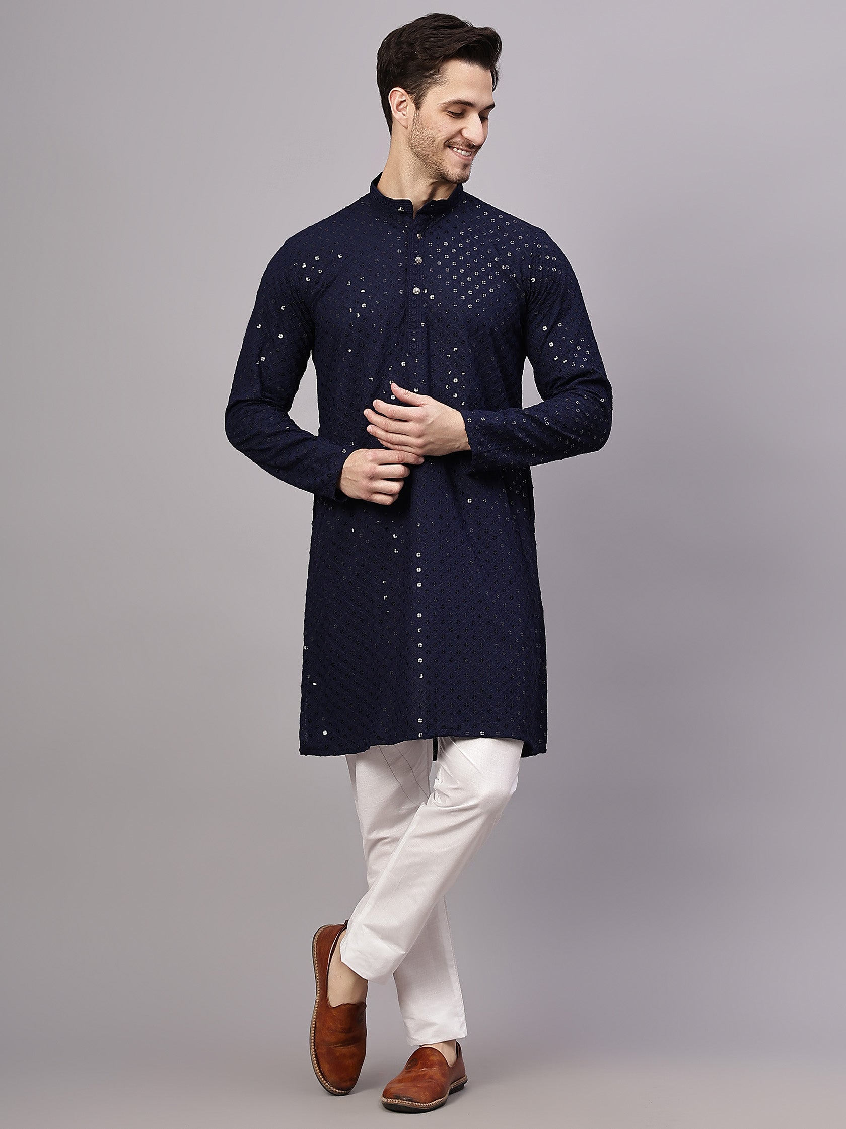 TerraDesi Golden Radiance Chikankari Sequined Kurta Pajama Set