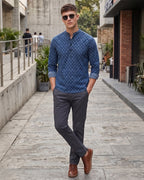 TerraDesi Indigo Blue Floral Printed Cotton Kurta for Men | Mandarin Collar Casual Kurta