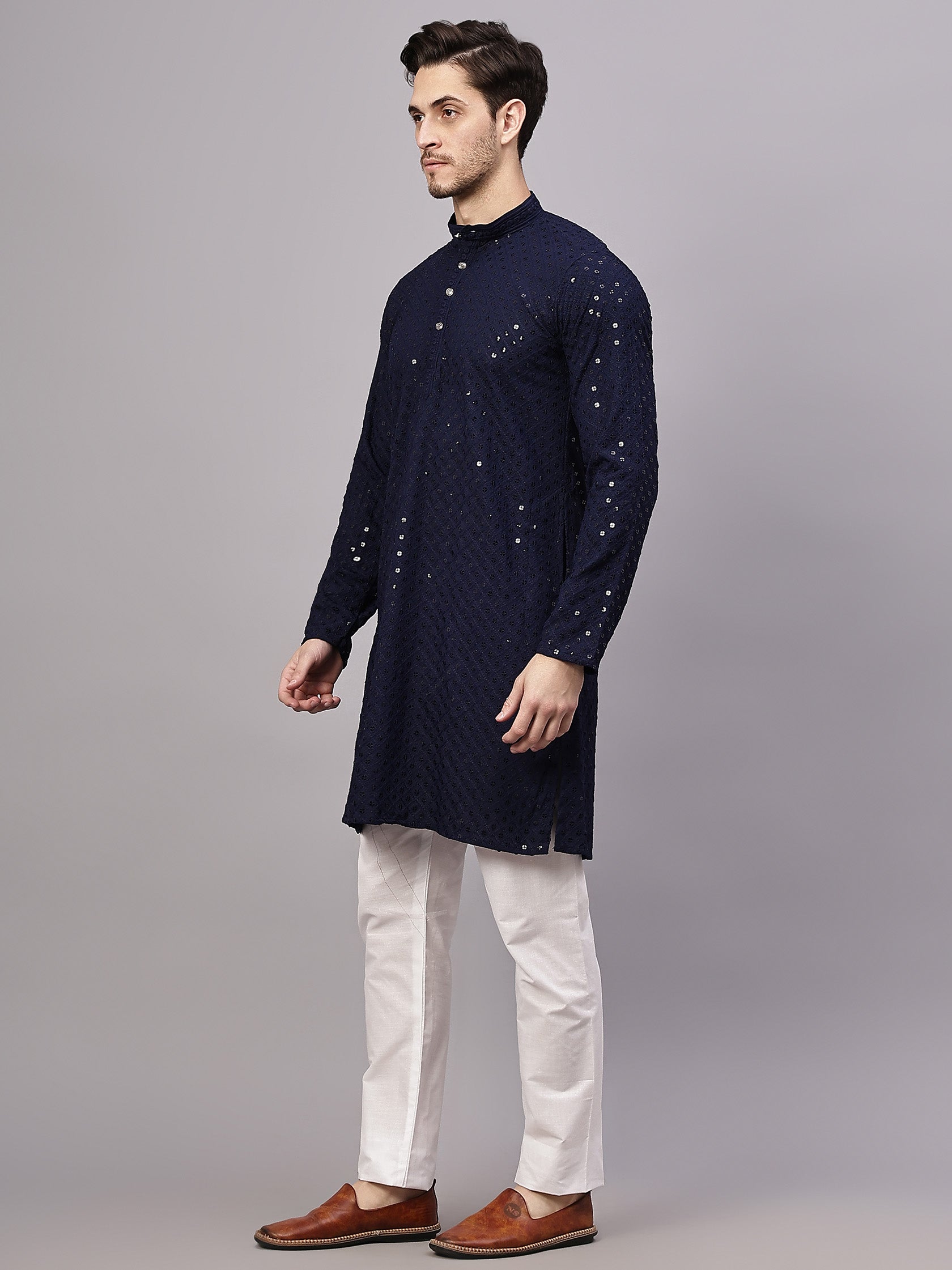 TerraDesi Golden Radiance Chikankari Sequined Kurta Pajama Set