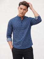 TerraDesi Indigo Blue Floral Printed Cotton Kurta for Men | Mandarin Collar Casual Kurta