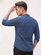 TerraDesi Indigo Blue Floral Printed Cotton Kurta for Men | Mandarin Collar Casual Kurta