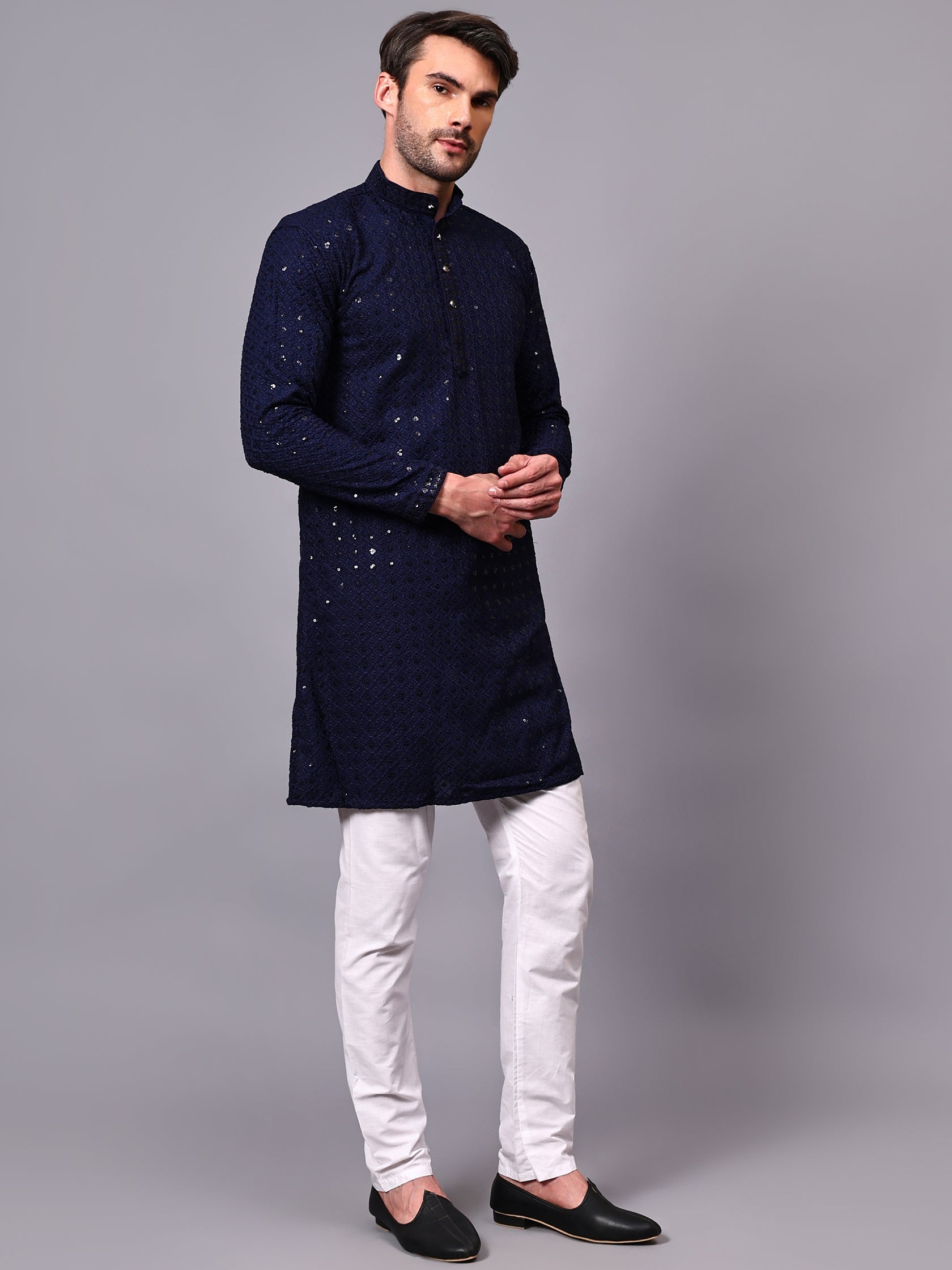 TerraDesi Royal Pista Bloom Chikankari Sequined Kurta Pajama Set