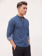 TerraDesi Indigo Blue Floral Printed Cotton Kurta for Men | Mandarin Collar Casual Kurta