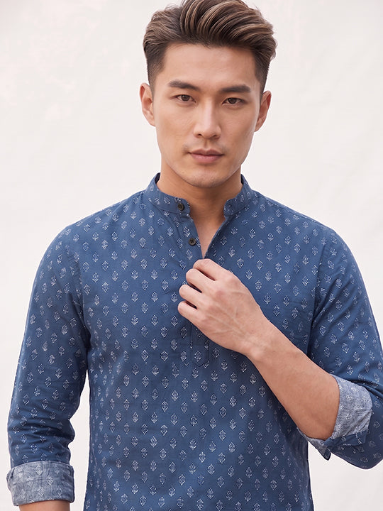 TerraDesi Indigo Blue Floral Printed Cotton Kurta for Men | Mandarin Collar Casual Kurta