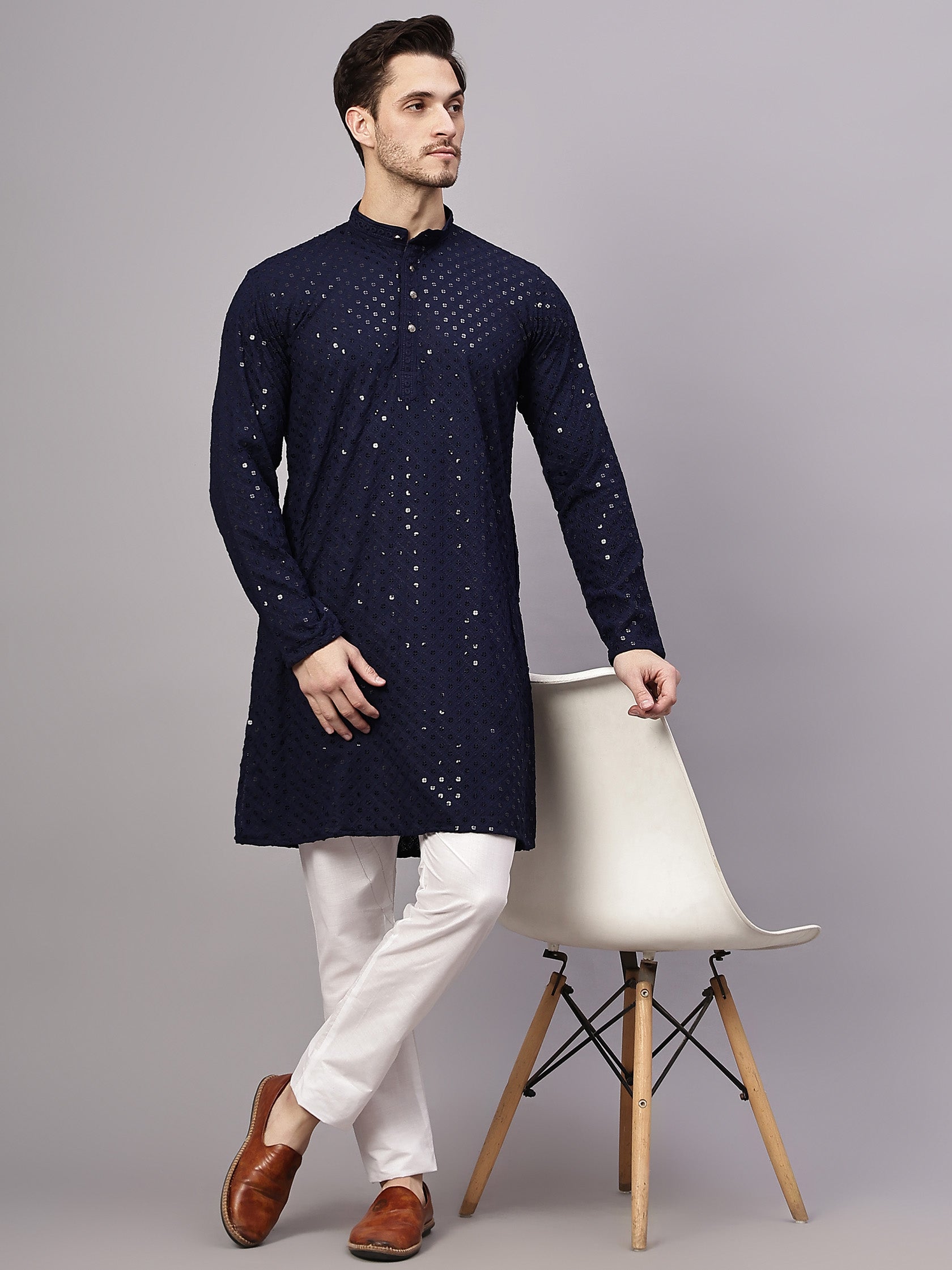 TerraDesi Golden Radiance Chikankari Sequined Kurta Pajama Set