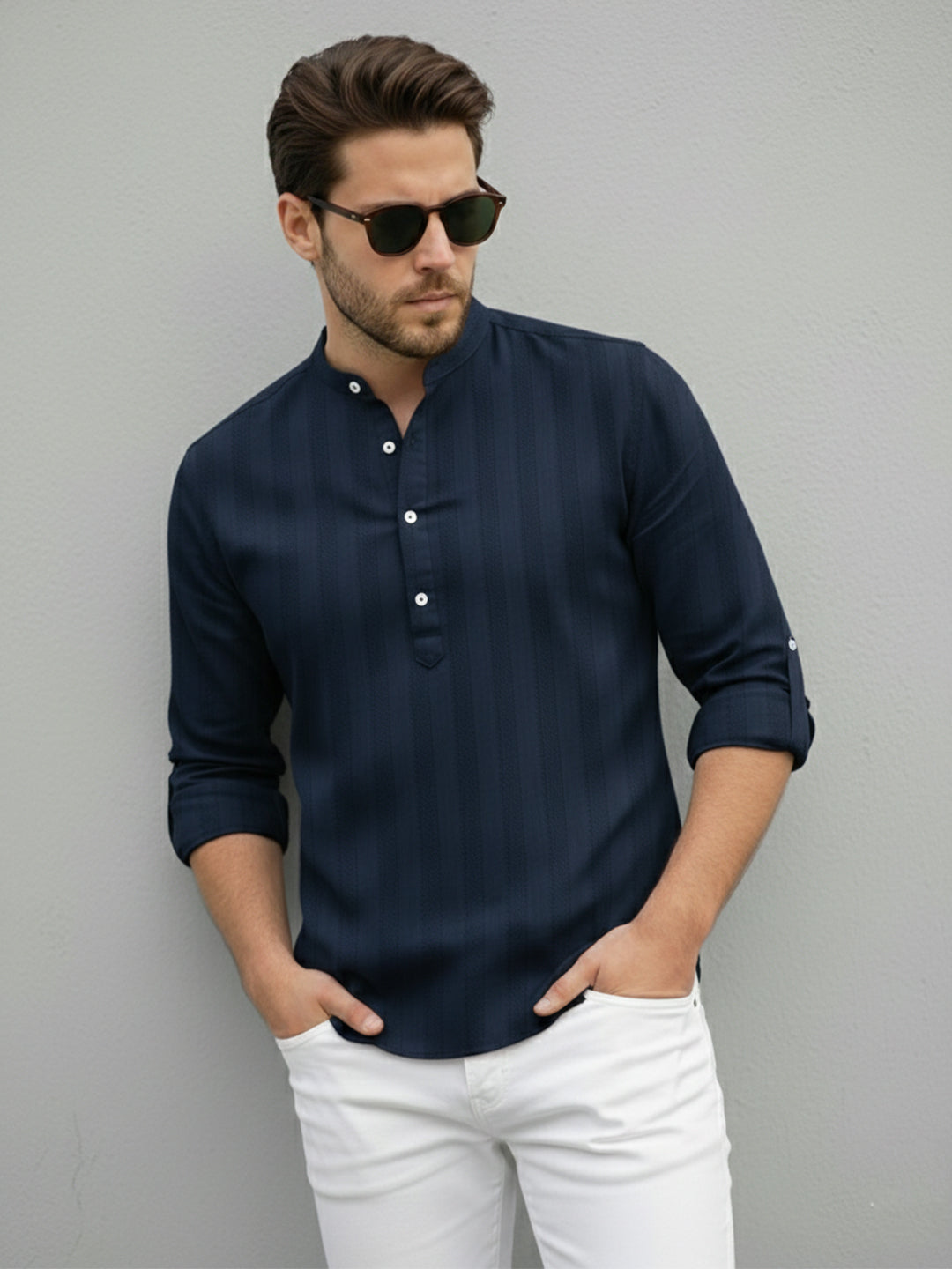 TerraDesi Navy Blue Vertical Stripe Cotton Short Kurta