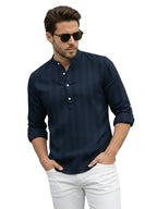 TerraDesi Navy Blue Vertical Stripe Cotton Short Kurta