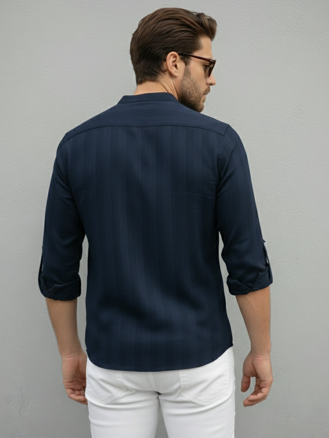 TerraDesi Navy Blue Vertical Stripe Cotton Short Kurta