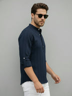 TerraDesi Navy Blue Vertical Stripe Cotton Short Kurta