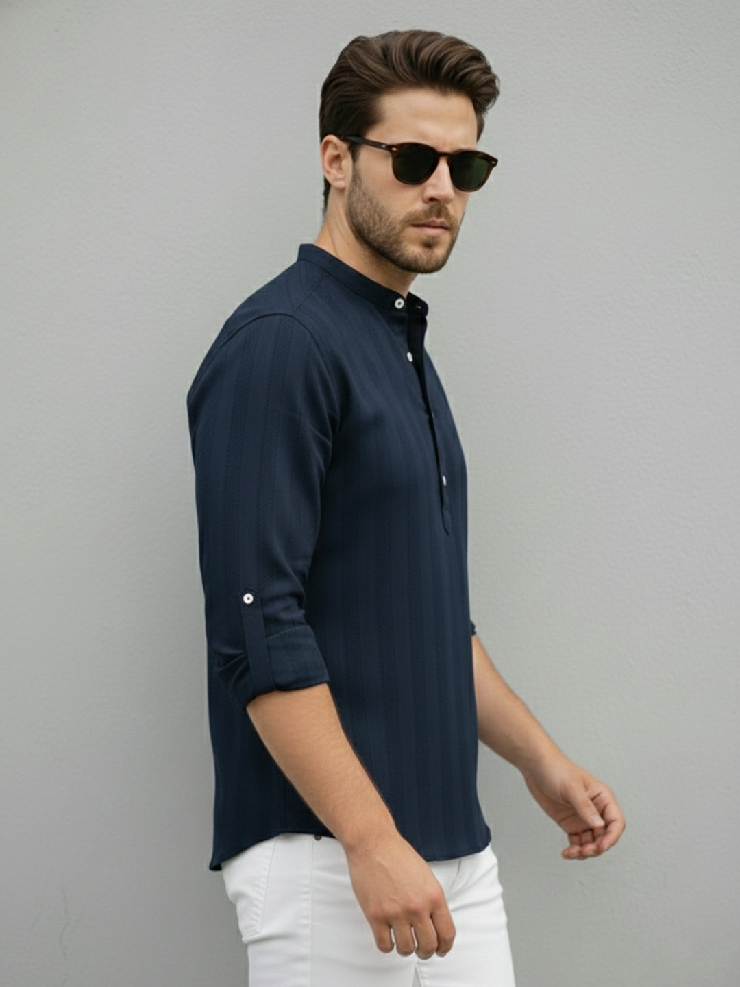 TerraDesi Navy Blue Vertical Stripe Cotton Short Kurta