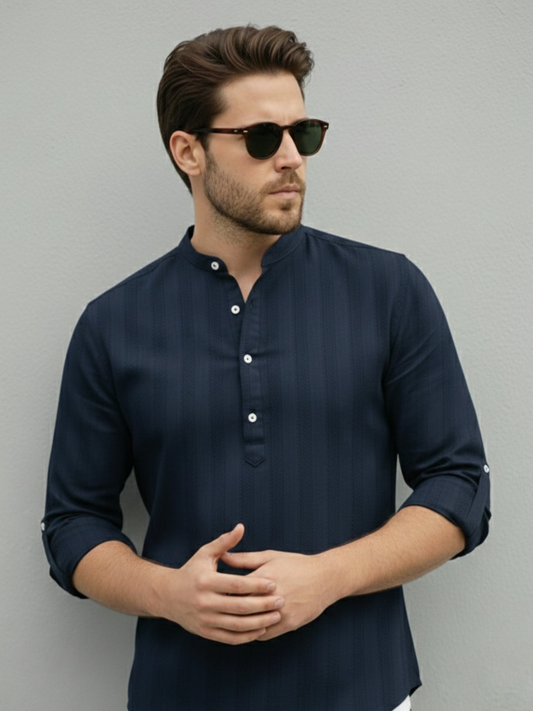 TerraDesi Navy Blue Vertical Stripe Cotton Short Kurta