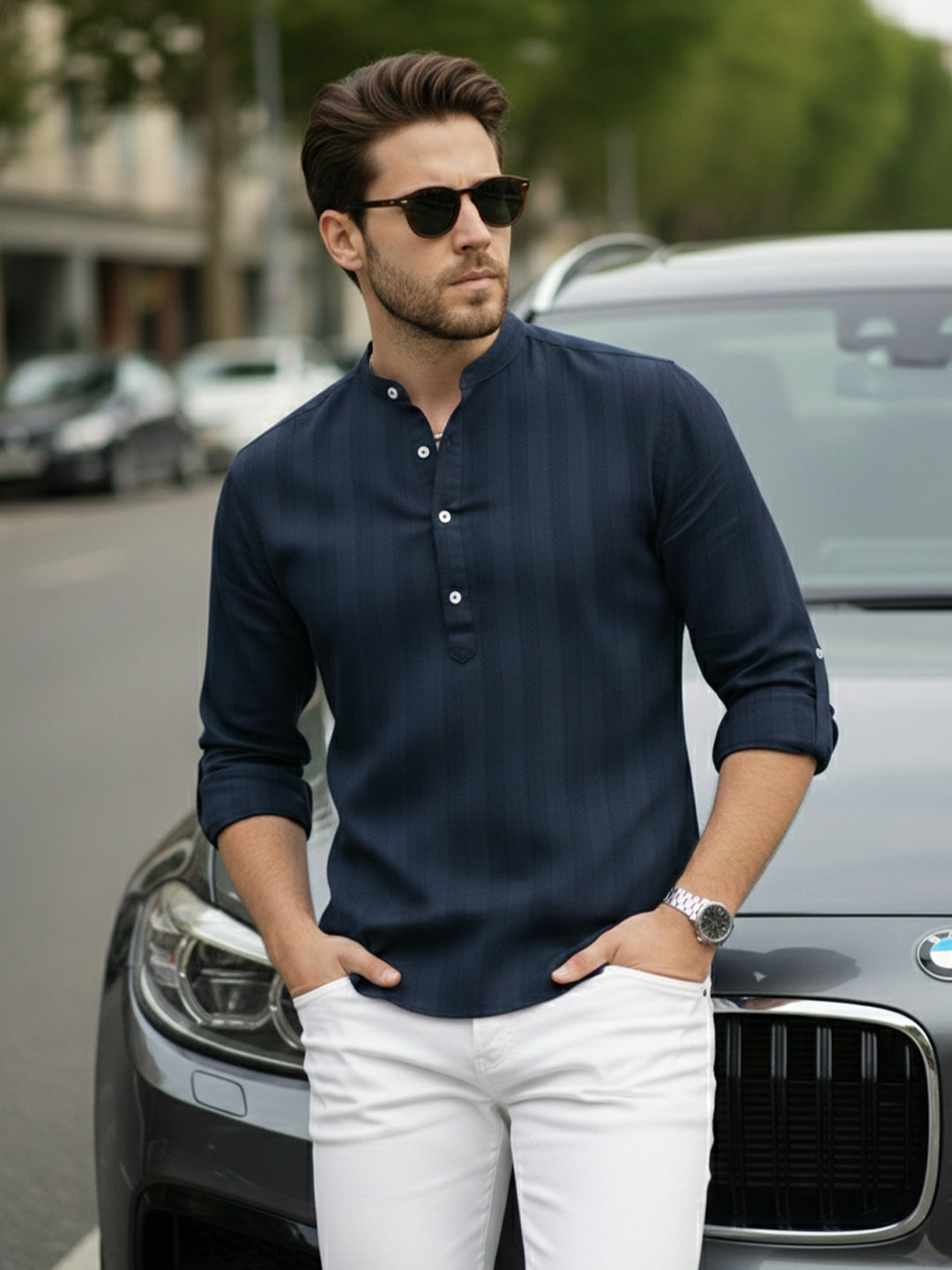 100% Cotton Navy Blue Mens Strip Full Sleeve Kurta Main image