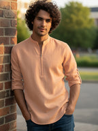 TerraDesi Sand Beige Cotton Kurta for Men | Zipper Closure Mandarin Collar Kurta