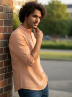 TerraDesi Sand Beige Cotton Kurta for Men | Zipper Closure Mandarin Collar Kurta