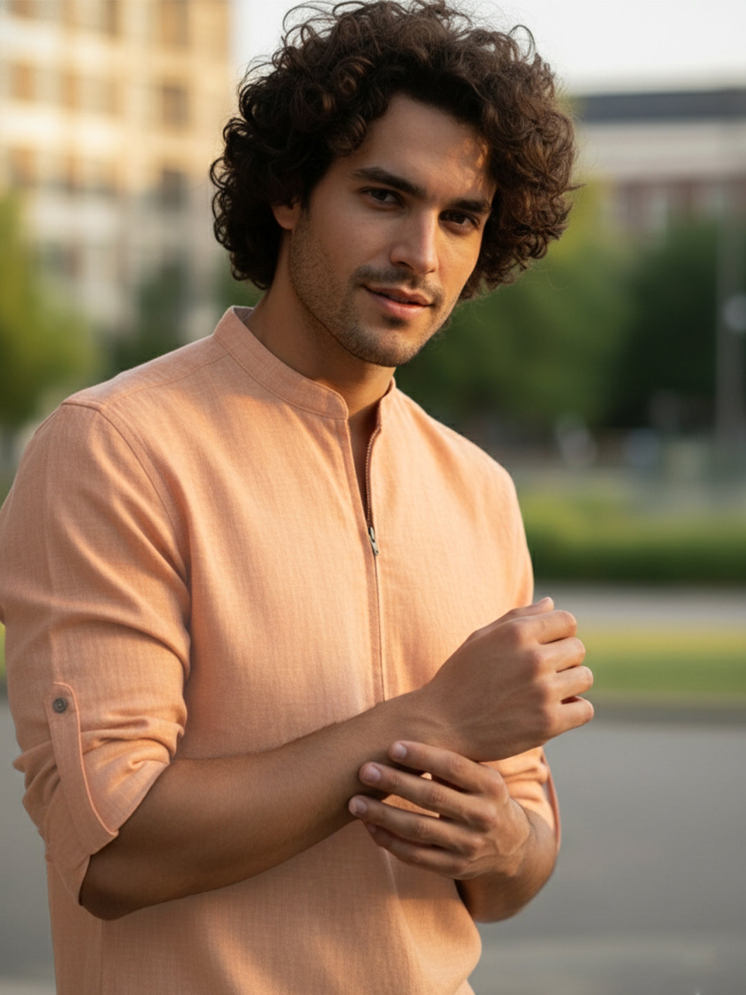 TerraDesi Sand Beige Cotton Kurta for Men | Zipper Closure Mandarin Collar Kurta