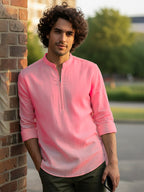 TerraDesi Sand Beige Cotton Kurta for Men | Zipper Closure Mandarin Collar Kurta