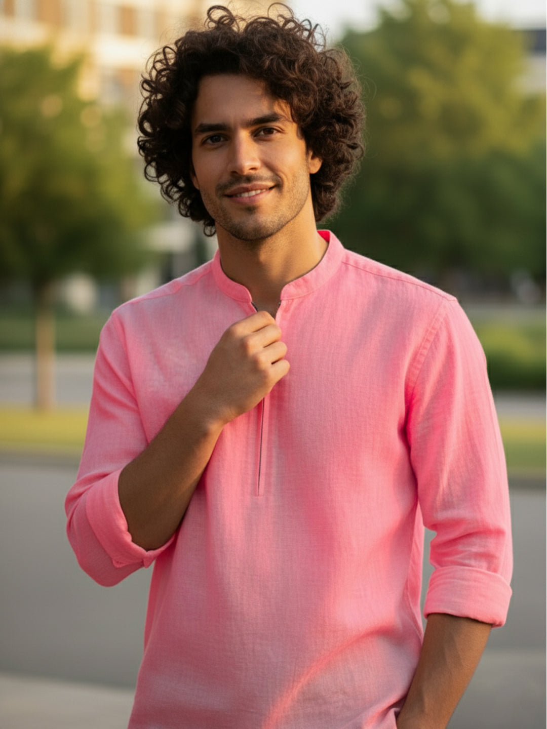 TerraDesi Sand Beige Cotton Kurta for Men | Zipper Closure Mandarin Collar Kurta