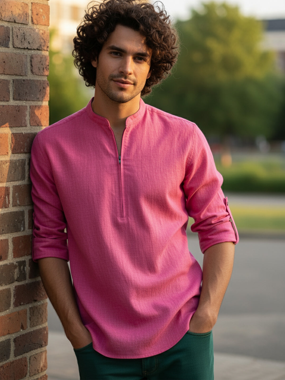 TerraDesi Sand Beige Cotton Kurta for Men | Zipper Closure Mandarin Collar Kurta