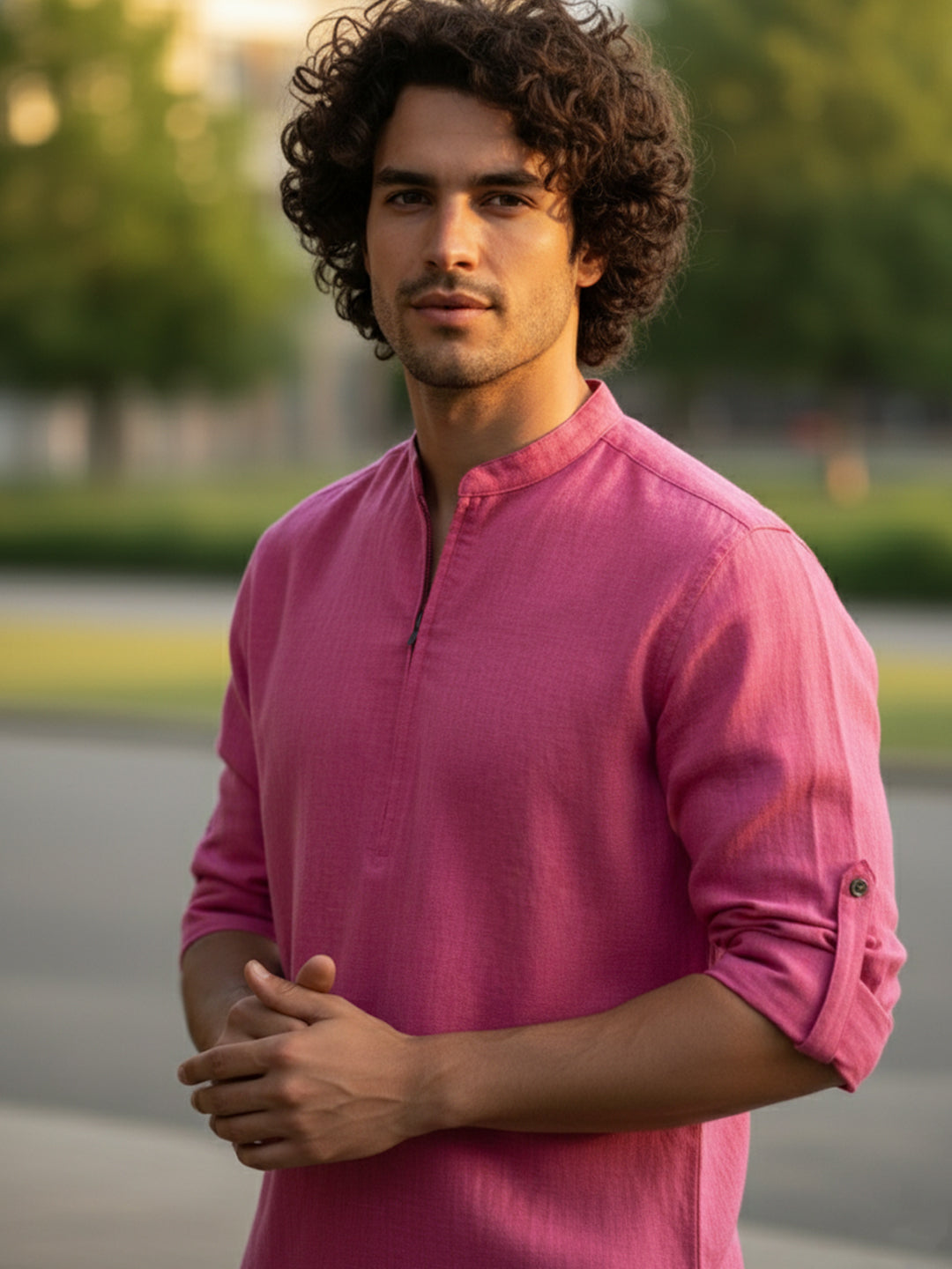 TerraDesi Sand Beige Cotton Kurta for Men | Zipper Closure Mandarin Collar Kurta