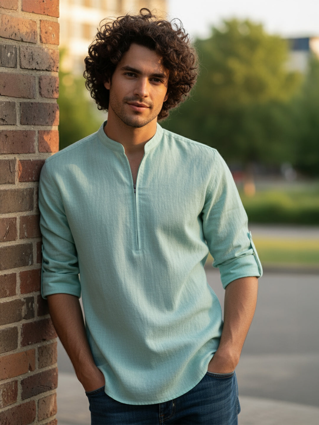 TerraDesi Sand Beige Cotton Kurta for Men | Zipper Closure Mandarin Collar Kurta