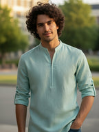 TerraDesi Sand Beige Cotton Kurta for Men | Zipper Closure Mandarin Collar Kurta