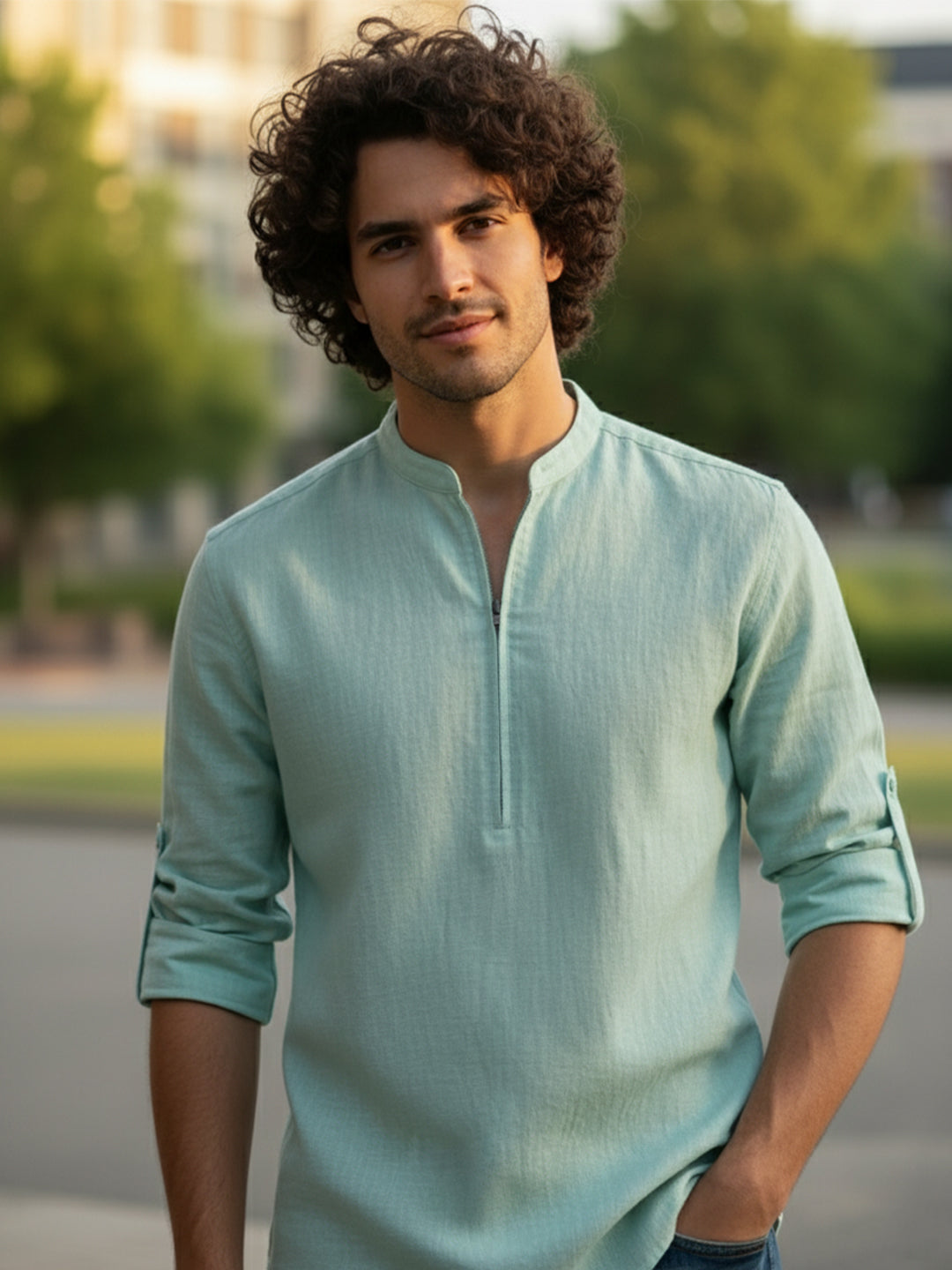 TerraDesi Sand Beige Cotton Kurta for Men | Zipper Closure Mandarin Collar Kurta
