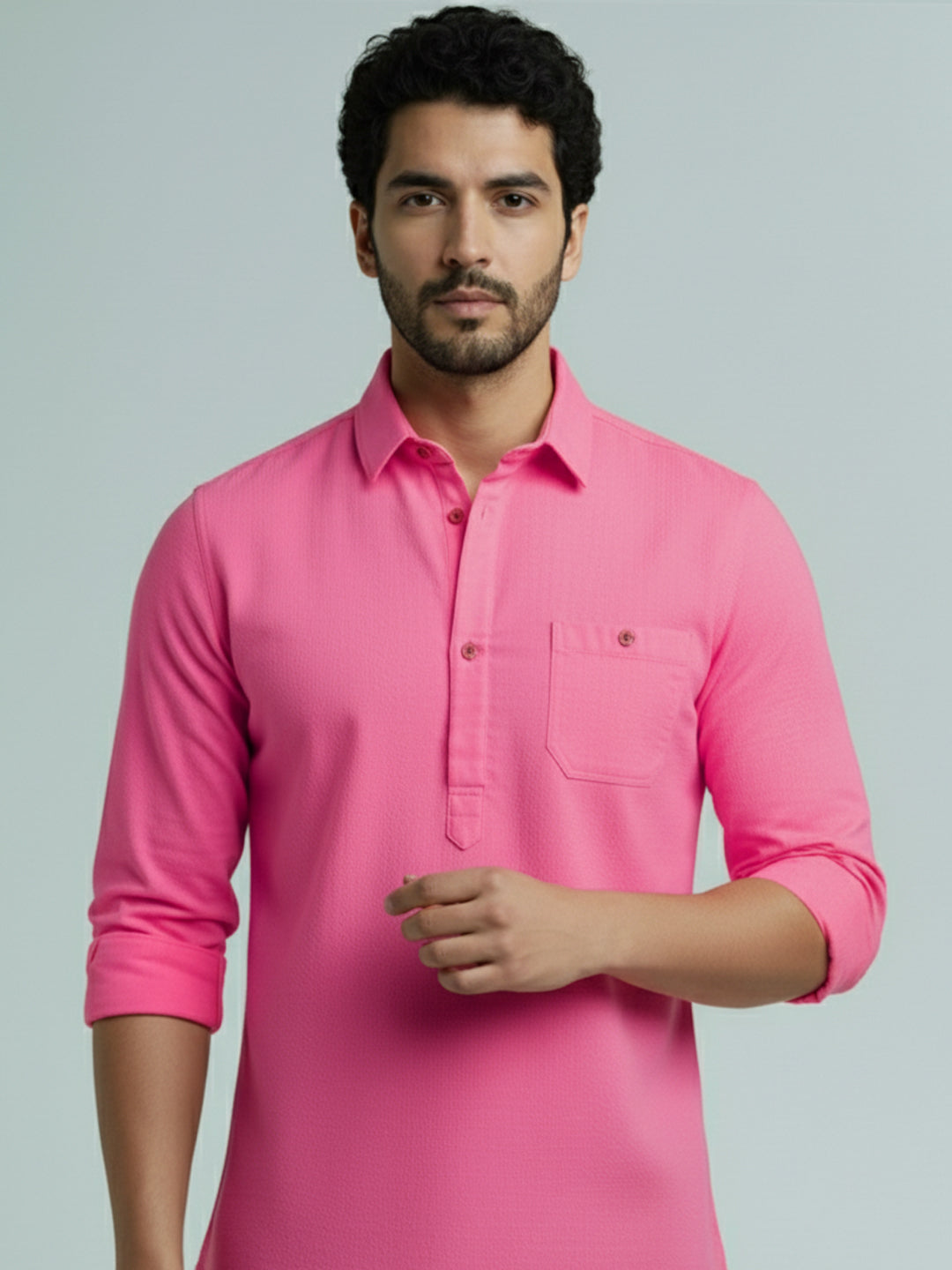 TerraDesi Men's Solid Cotton Short Kurta | Casual Full Sleeve Regular Fit (SE89)