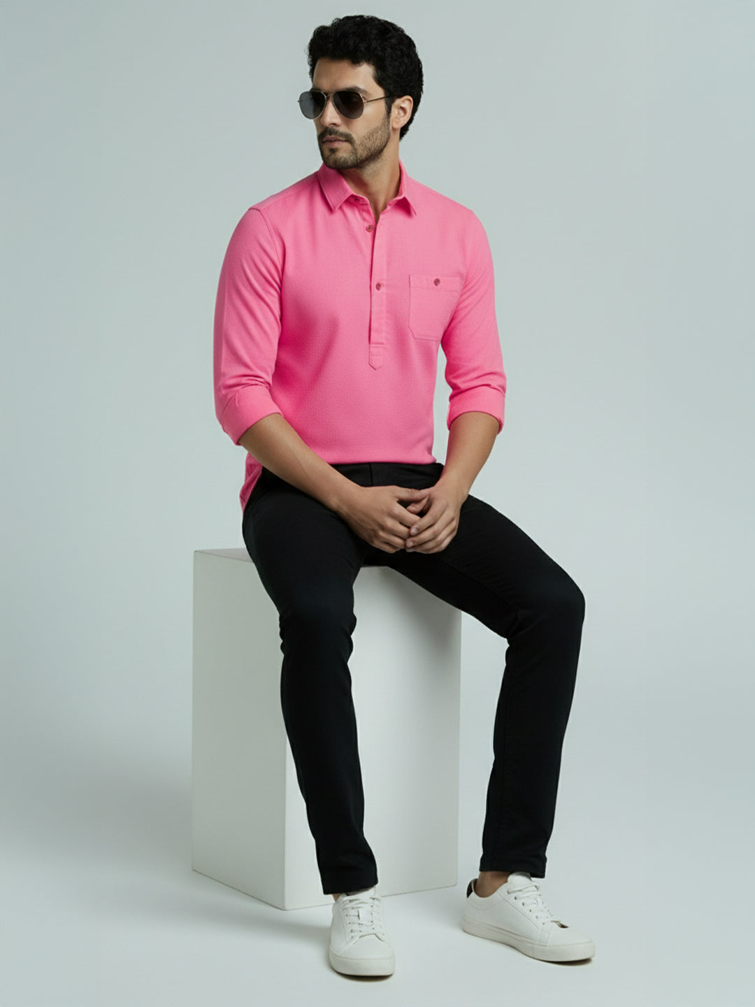 TerraDesi Men's Solid Cotton Short Kurta | Casual Full Sleeve Regular Fit (SE89)