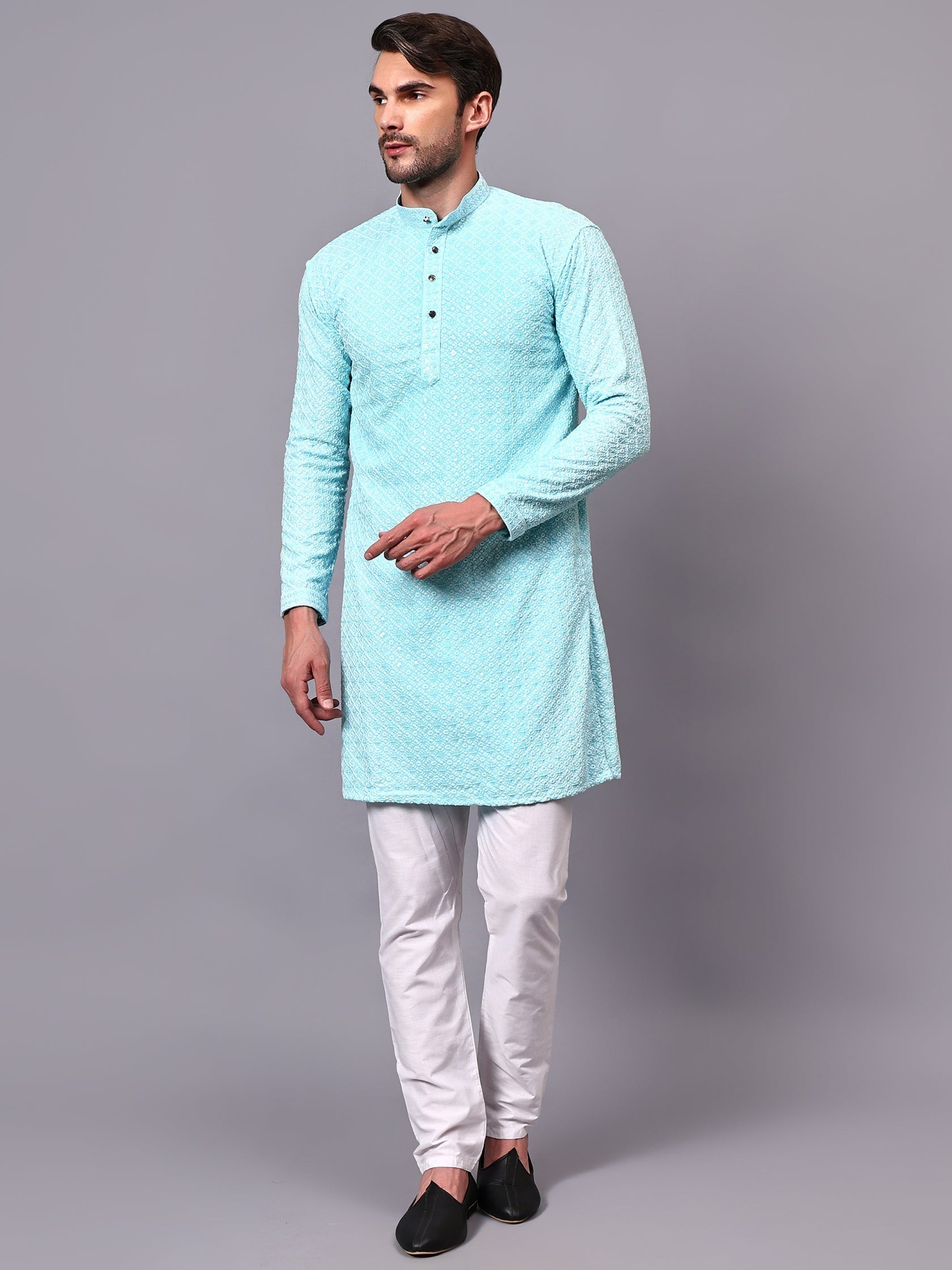 TerraDesi Royal Pista Bloom Chikankari Sequined Kurta Pajama Set