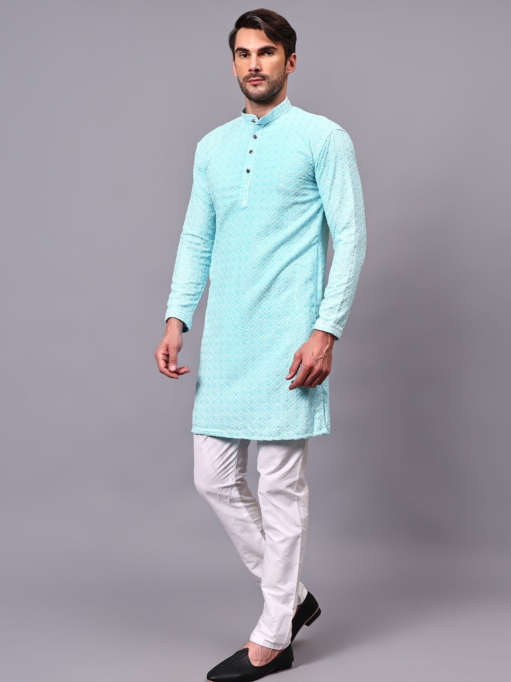 TerraDesi Royal Pista Bloom Chikankari Sequined Kurta Pajama Set