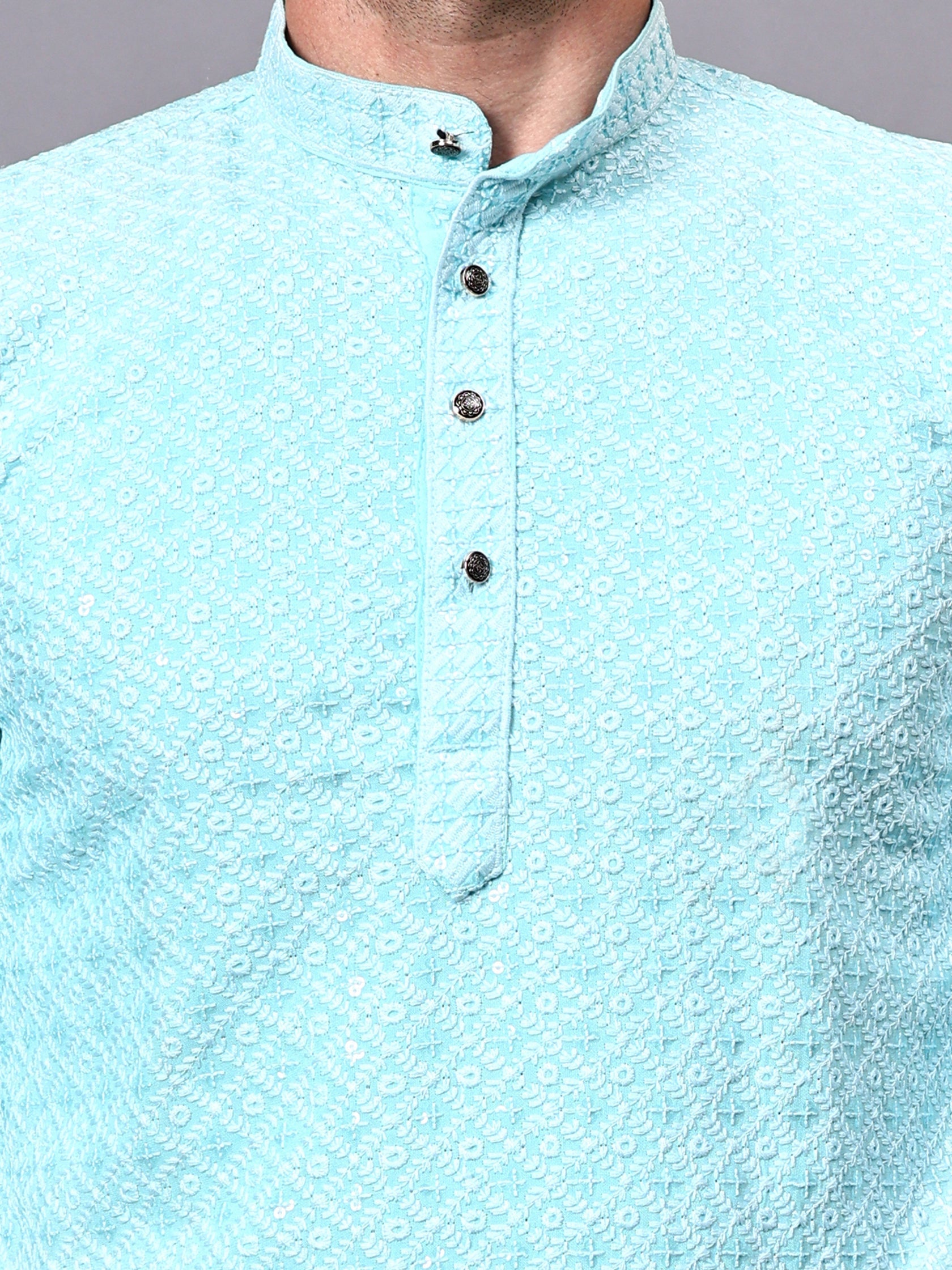 TerraDesi Royal Pista Bloom Chikankari Sequined Kurta Pajama Set Secondary image