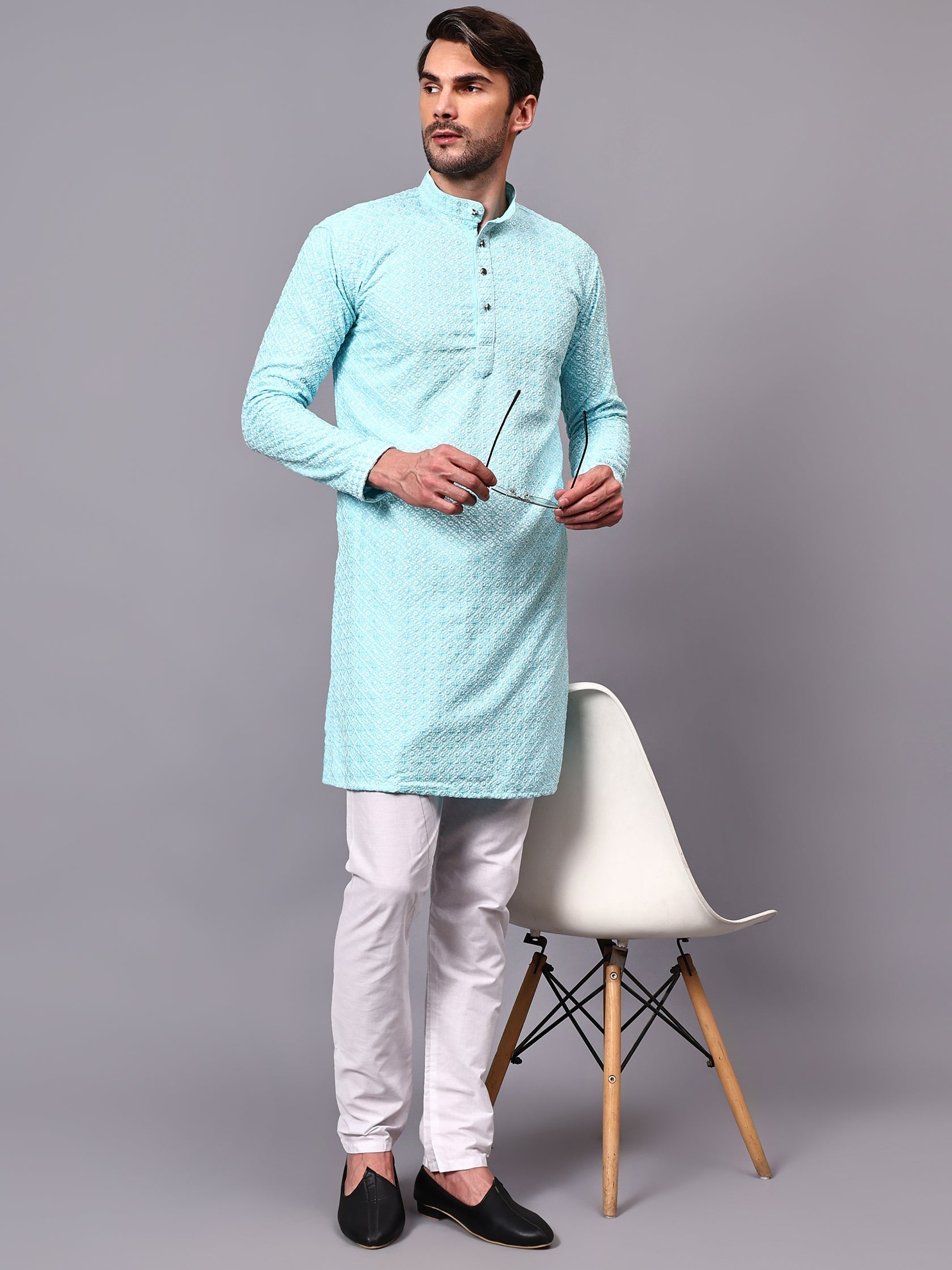 TerraDesi Royal Pista Bloom Chikankari Sequined Kurta Pajama Set