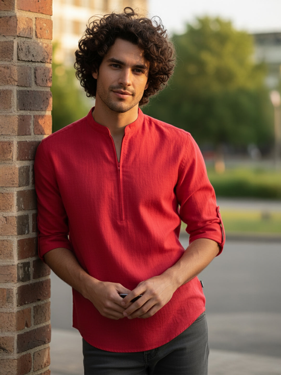 TerraDesi Sand Beige Cotton Kurta for Men | Zipper Closure Mandarin Collar Kurta