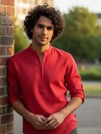 TerraDesi Sand Beige Cotton Kurta for Men | Zipper Closure Mandarin Collar Kurta