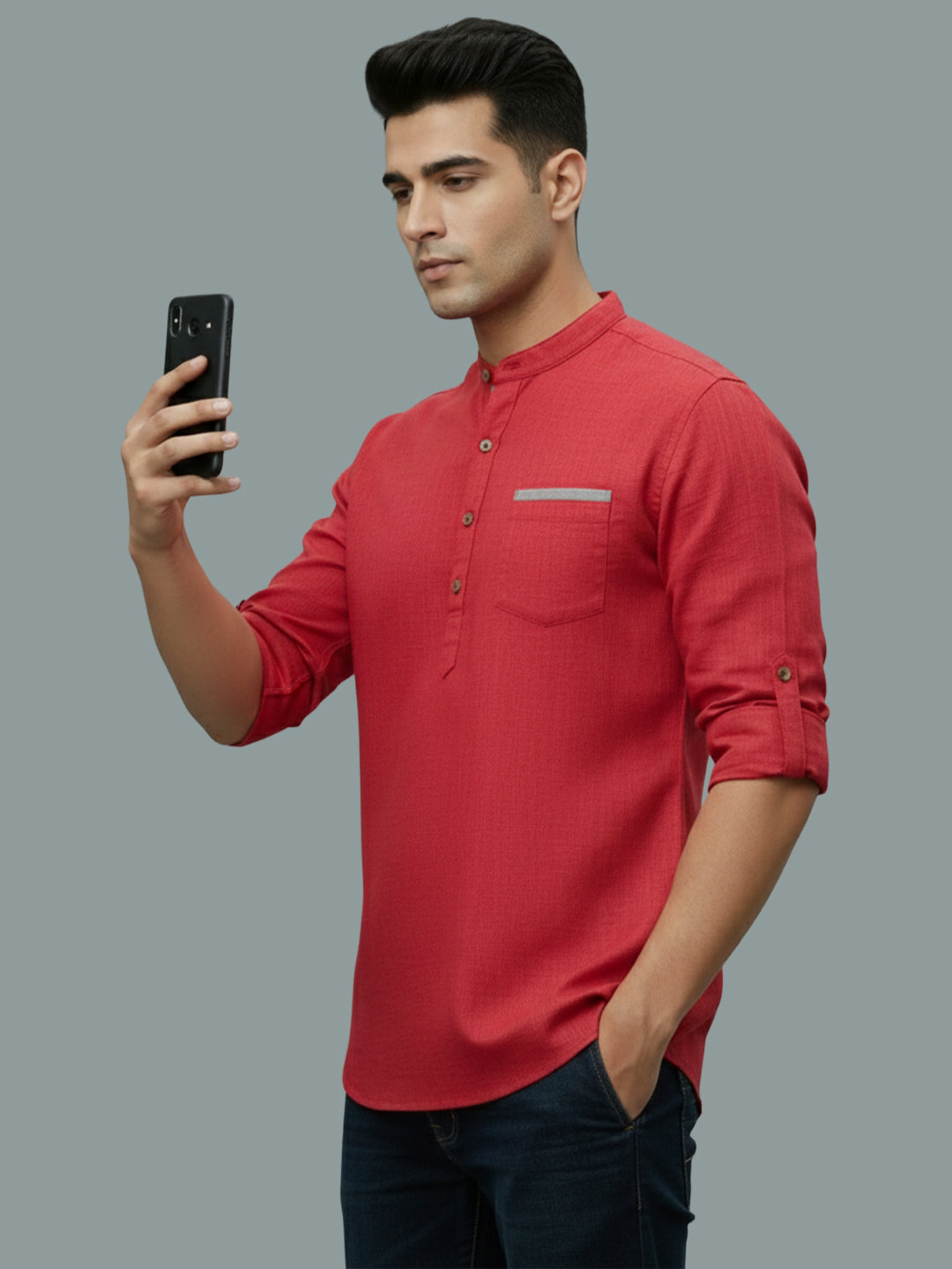 TerraDesi Men's Casual Regular Fit Full Sleeve Pocket Contrast Kurta (SE119)
