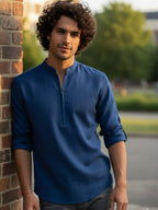TerraDesi Sand Beige Cotton Kurta for Men | Zipper Closure Mandarin Collar Kurta