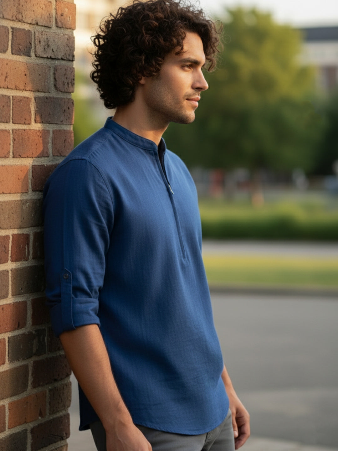 TerraDesi Sand Beige Cotton Kurta for Men | Zipper Closure Mandarin Collar Kurta